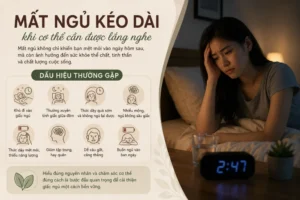Dấu hiệu thường gặp của mất ngủ kéo dài như khó ngủ, ngủ không sâu giấc và tỉnh giấc giữa đêm