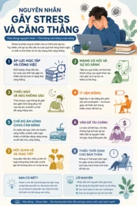 Infographic nguyên nhân gây stress và căng thẳng ở giới trẻ gồm áp lực học tập, công việc, mạng xã hội, thiếu ngủ, chế độ ăn uống và các yếu tố trong cuộc sống hiện đại.